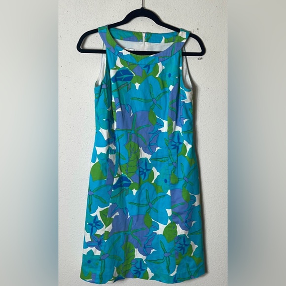 Talbots Sz 6 Green Blue Halter Cotton Vintage Shift Lined Side Pockets D… - Picture 2 of 10